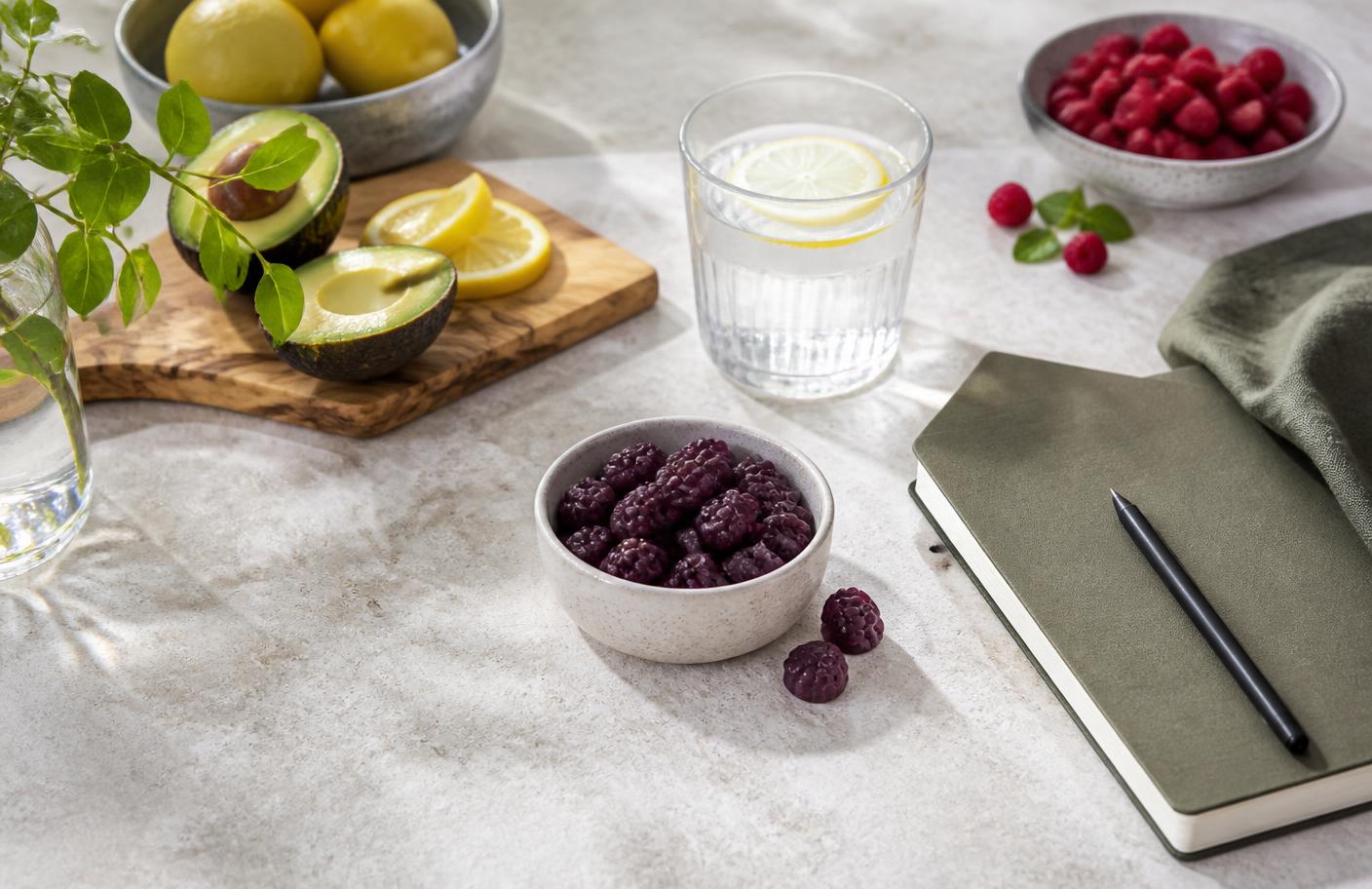 Avocado, lemon, berries, water and a wellness journal on a tabletop