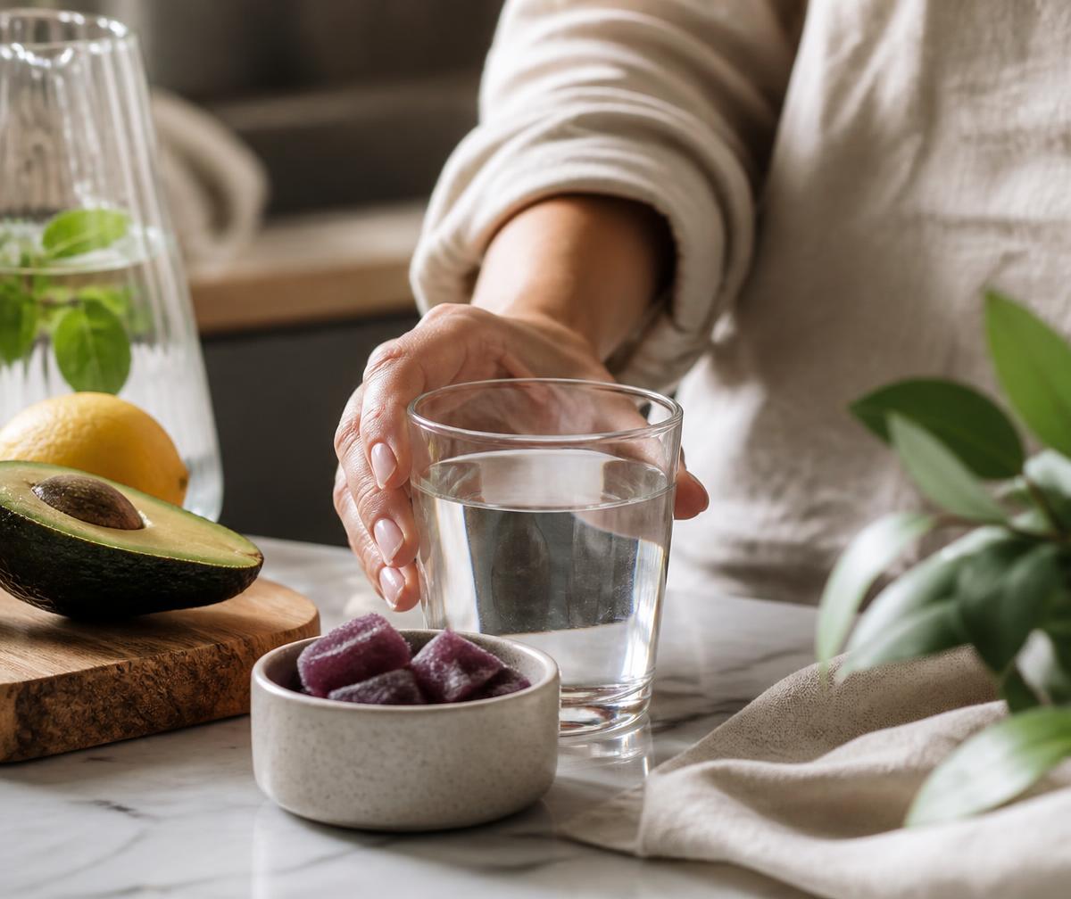 Person reaching for water beside purple gummies and avocado